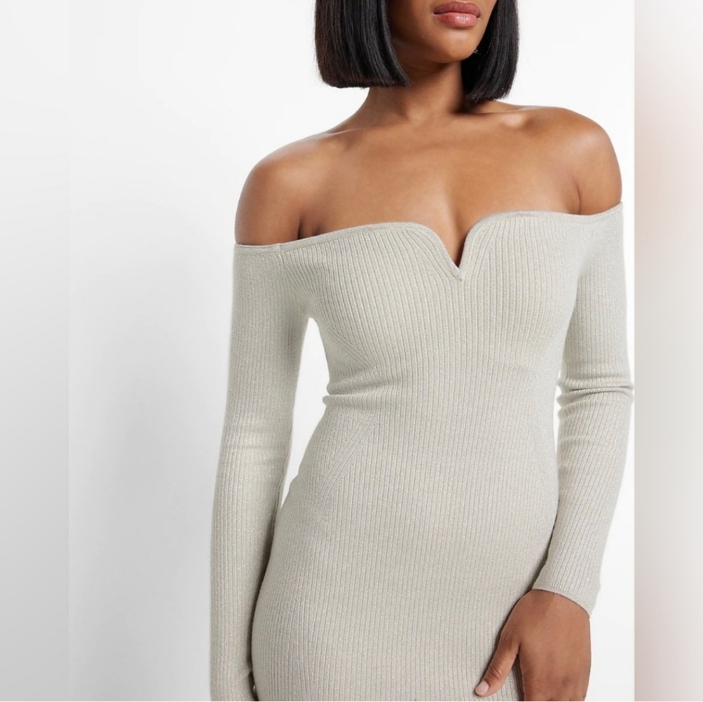 Express Off-Shoulder Metallic Ribbed Sweater Dress | Small